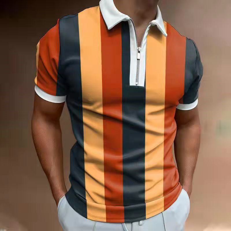 Men's Striped Colorblock Print Short Sleeve Zipper Turn-Down Collar Polo Shirts