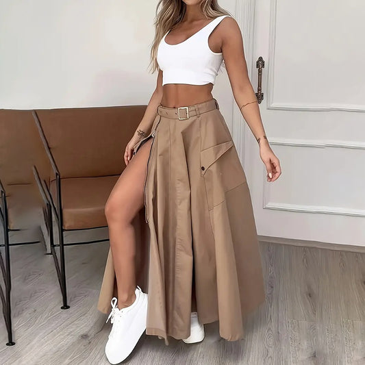 Cropped Vest Top + Multi-Pocketed High Slit Maxi Cargo Skirt Women's 2-Piece Set