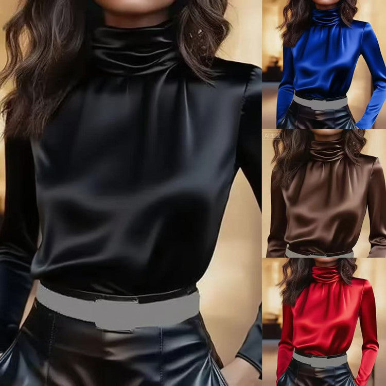 Satin Turtleneck Solid Color Long Sleeve Women's Office Blouse