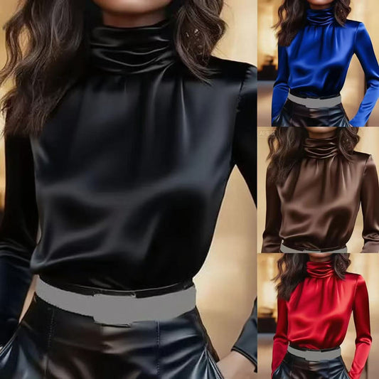 Satin Turtleneck Solid Color Long Sleeve Women's Office Blouse