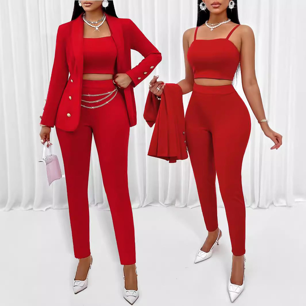 Gold Button Detail Solid Color Blazer Jacket+ Sleeveless Crop Vest Top+ Pants Three-Piece Women's Business Suit