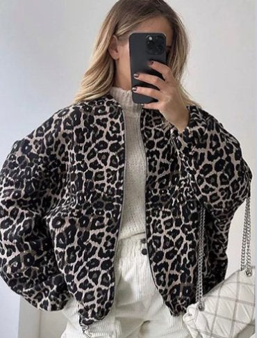 PU Leather Leopard/Solid Color Turn-Down Collar Long Sleeve Women's Motorcycle Biker Zipper Jacket