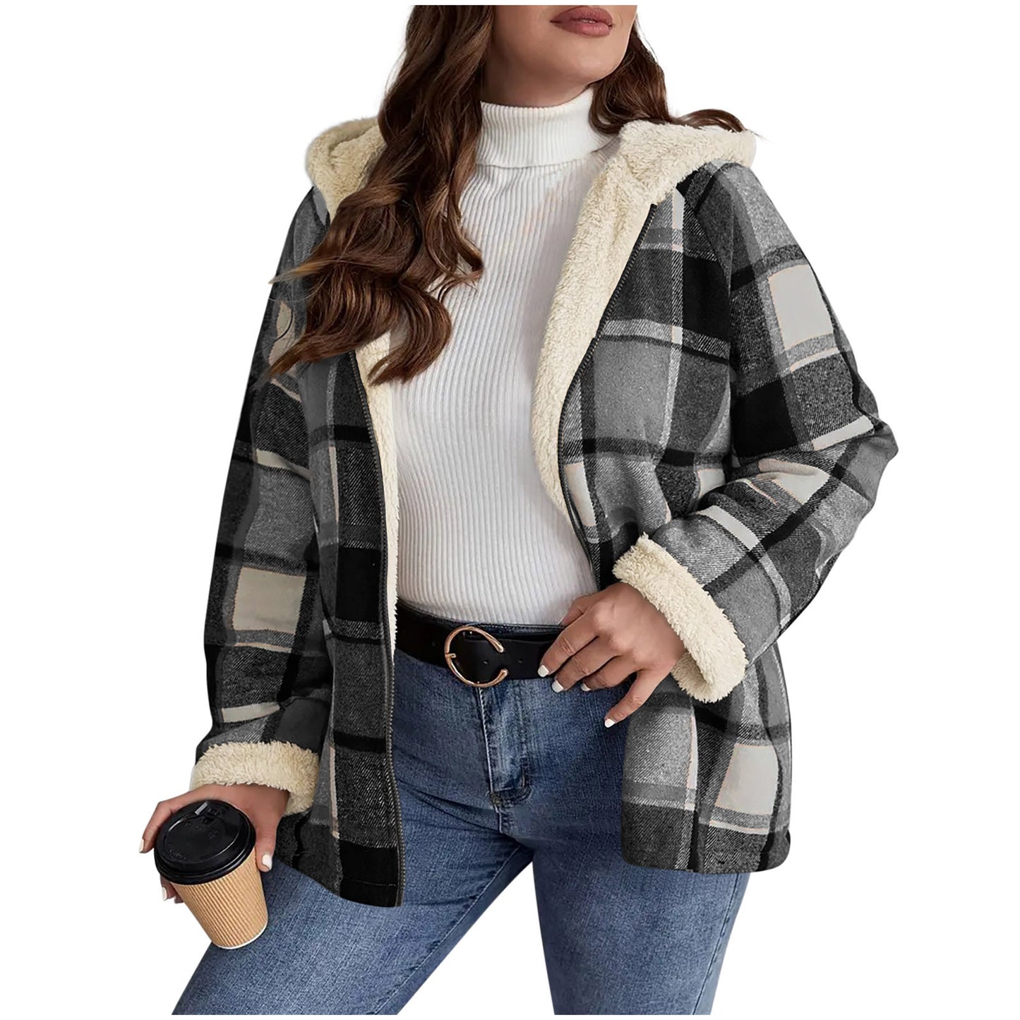 Plaid Print Fleece Lined Thick Women's Hoodie Jacket