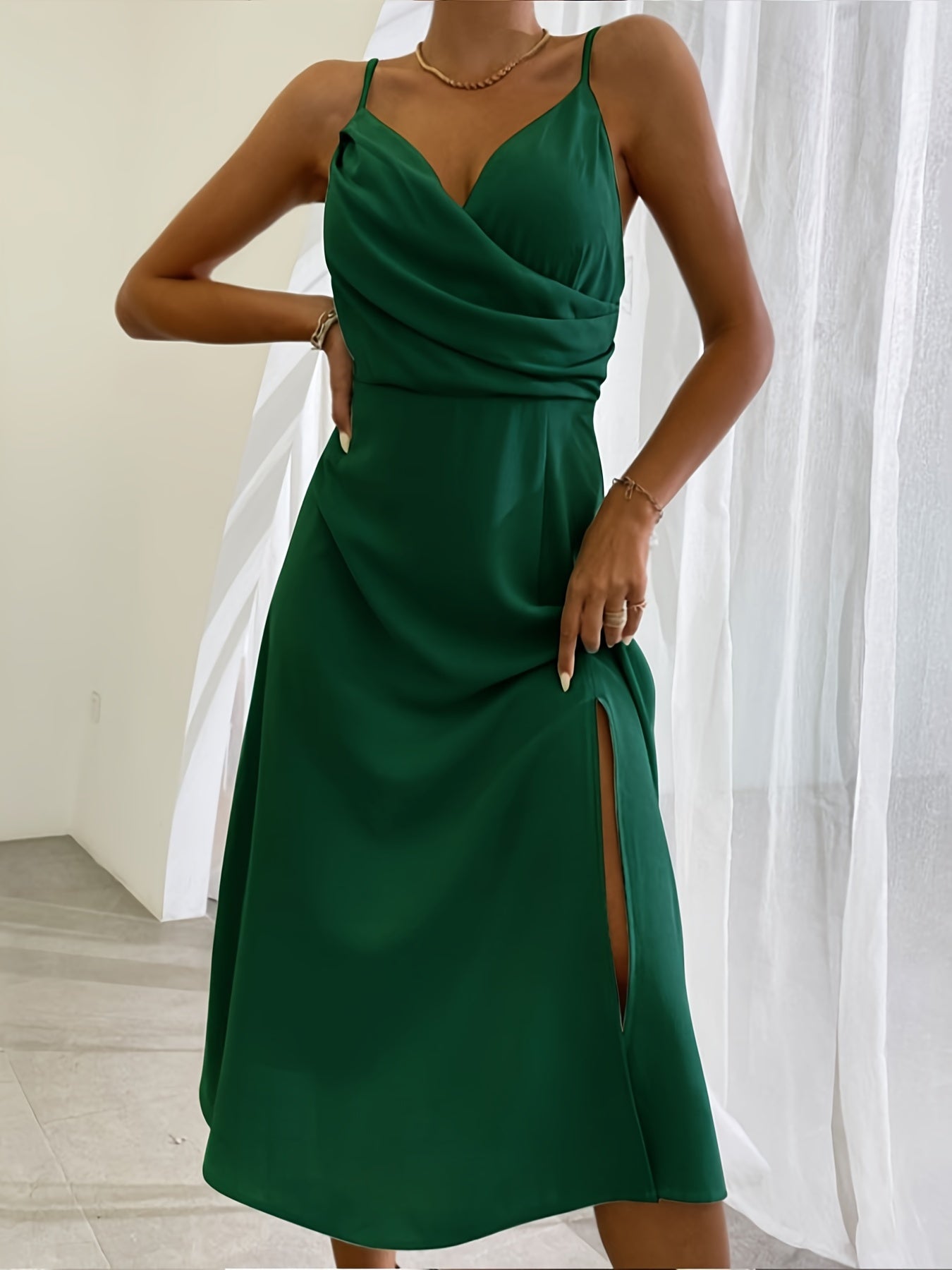 Sleeveless V-Neck Solid Color High Slit Sling Maxi Dress