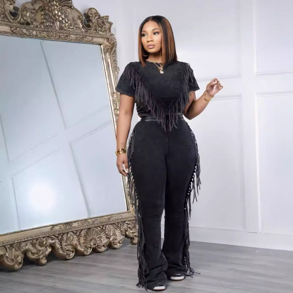 Tassel Fringe Design Short Sleeve Women's Crop Top + Wide Leg Pants Suit 2-Piece Set