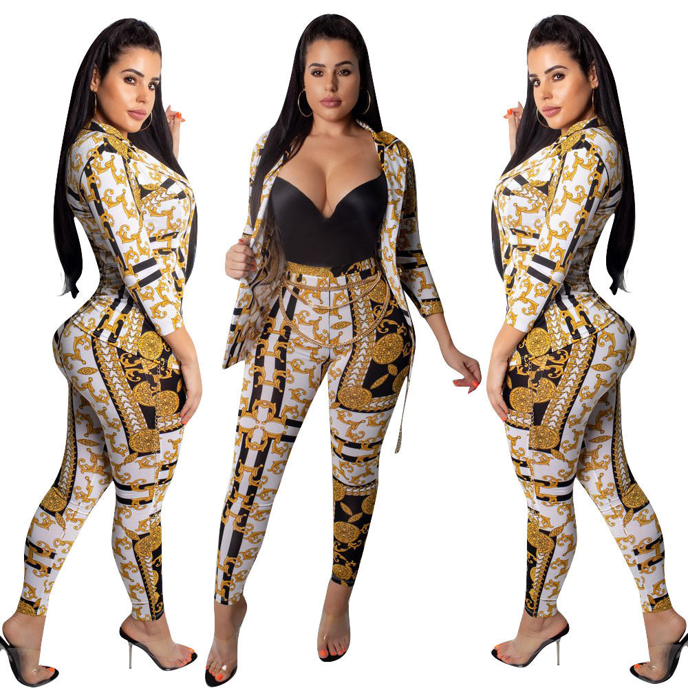 Baroque Yellow/Black Women's Long Sleeve Jacket + Skin Tight Leggings 2-Piece Set