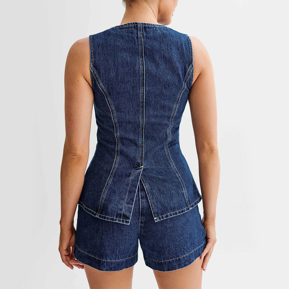 Dark Blue Denim Women's Sleeveless Button-Up Vest Jean Top + Jean Shorts 2-Piece Set
