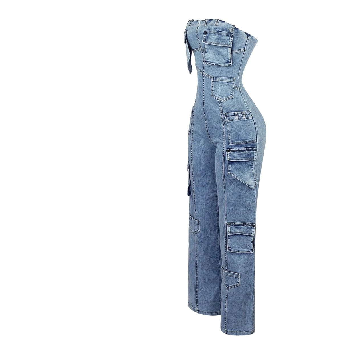 Denim Sleeveless Faded Blue Tube Top Design Multi-Pocketed Stretch Women's Overall Cargo Jeans Jumpsuit to 3X Plus Size
