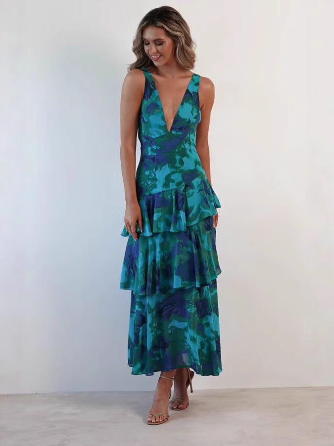Tiered Sleeveless Floral Print Backless Multi-Layer V-Neck Maxi Dress