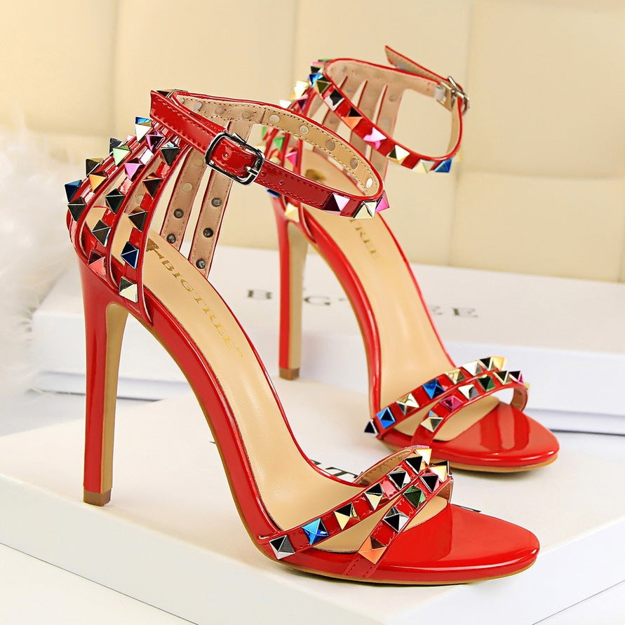 Open Toe Cut-Out Rainbow Tassel Fringe Buckle Strap Stiletto Heel Sandal Pumps