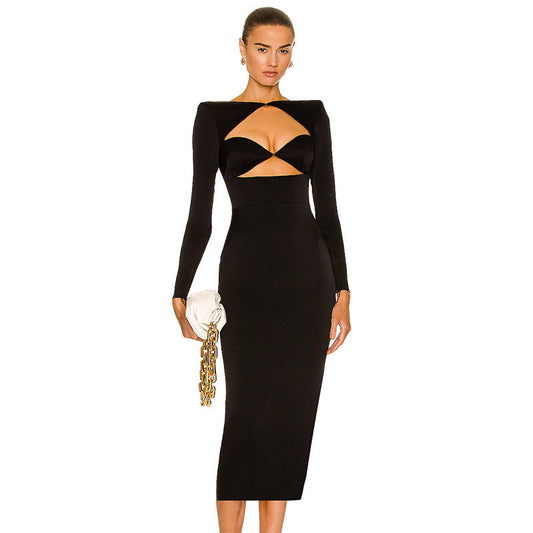 Cut-Out Skinny Long Sleeve Solid Color Formal Maxi Party Dress