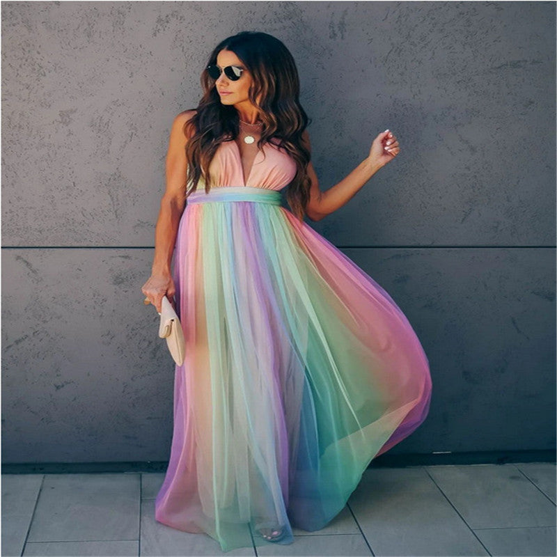 Rainbow Pastel Striped Colorblock Mesh Deep V-Neck Spaghetti Strap Dress to 3X Plus Size