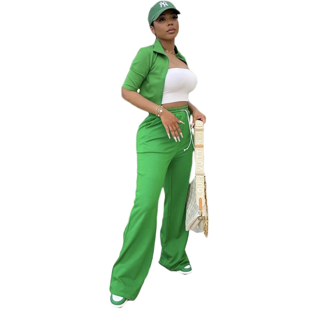 Green Short Sleeve Zipper Front Women's Cropped Shirt + Drawstring Pants Casual 2-Piece Set