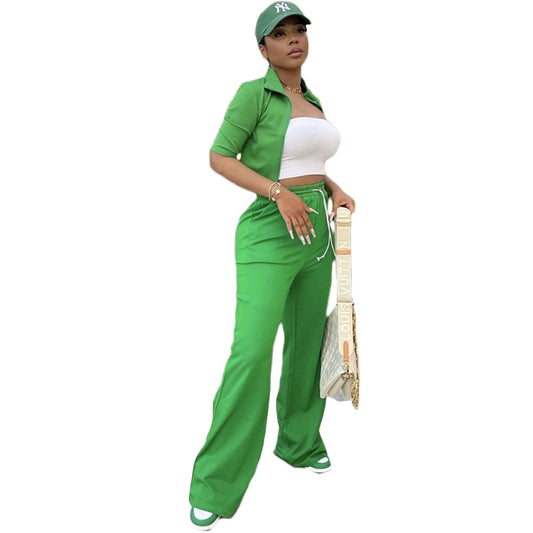 Green Short Sleeve Zipper Front Women's Cropped Shirt + Drawstring Pants Casual 2-Piece Set