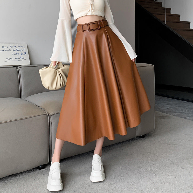 Flared Belted PU Leather A- Line High Waist Midi Skirt