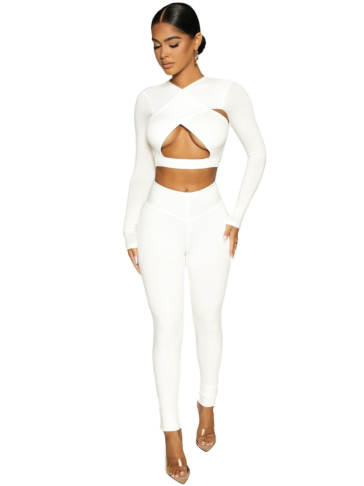Hollow-Out Solid Color Women's Skinny Fit Long Sleeve Crop Top + Leggings 2-Piece Set