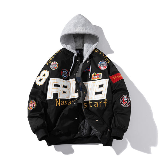 Unisex Patchwork Letter Print O-Neck Zipper Hip-Hop Baseball Bomber Jacket w/ Detachable Hood