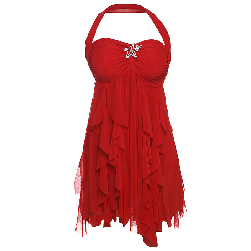 Halter Neck Backless  Printed Irregular Mesh Mini Dress