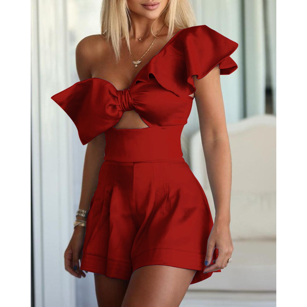Ruffled Big Bow Design One Shoulder Asymmetrical Hollow-Out One Piece Shorts Romper