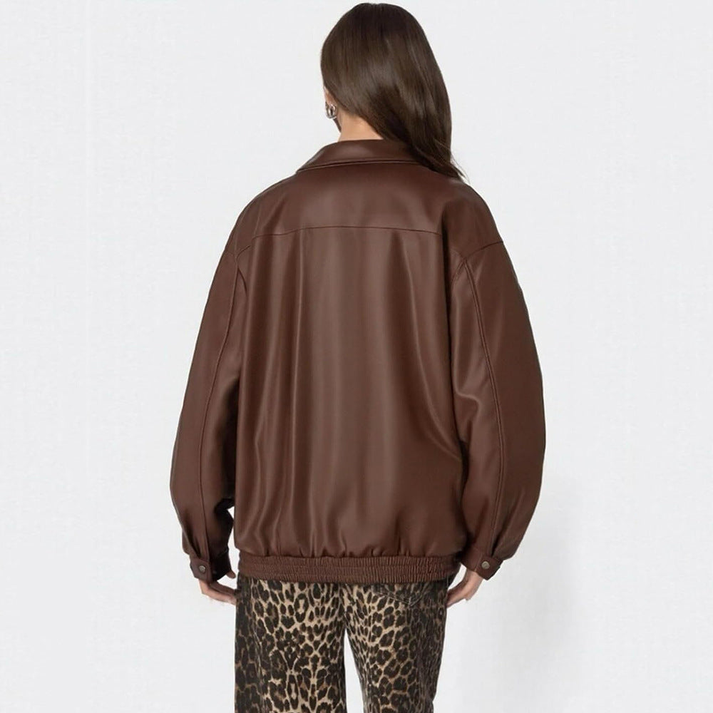 PU Leather Double Pocket Button-Up Design Turn-Down Collar Women's Loose Biker Motorcycle Jacket