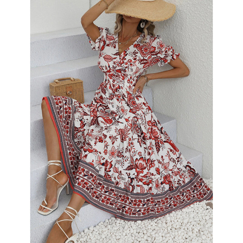 Floral Print Short Puff Sleeve V-Neck Bohemian Flowy Smocked Maxi Dress