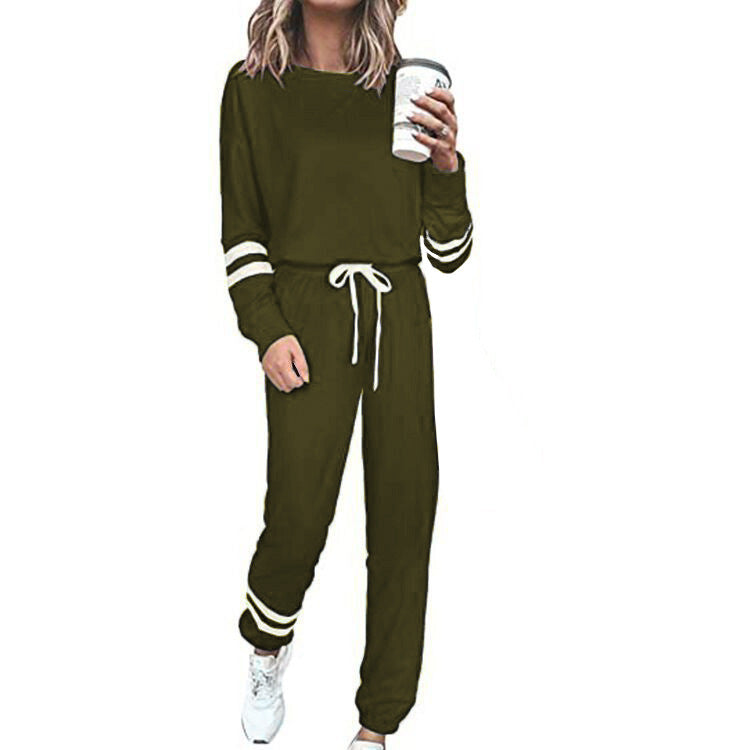 Side Striped Long Sleeve Women's Sport Top + Drawstring Sweatpants Tracksuit to 3X Plus Size
