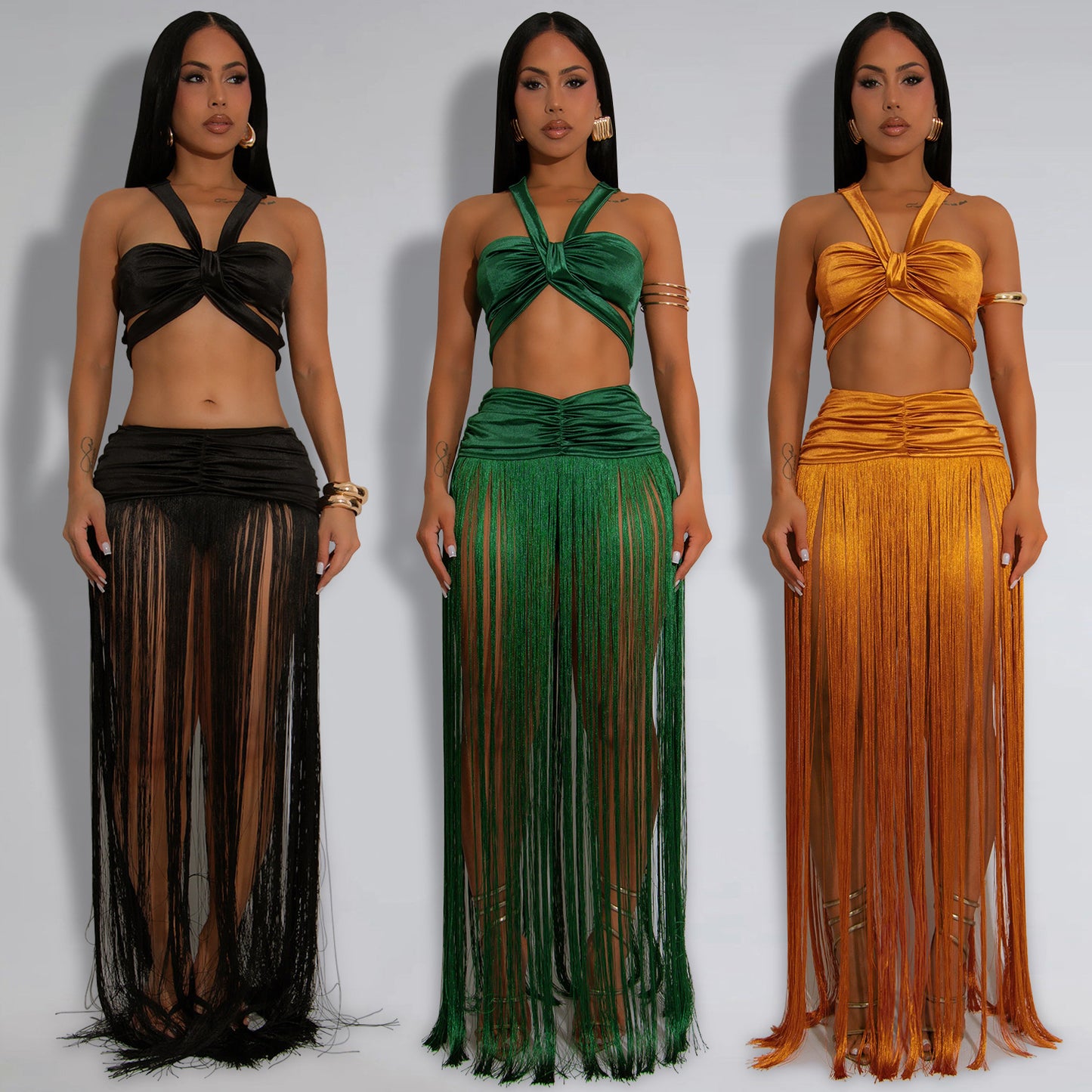 Sleeveless Criss-Cross Back Crop Top + Tassel Fringe Maxi Skirt Women's 2-Piece Set