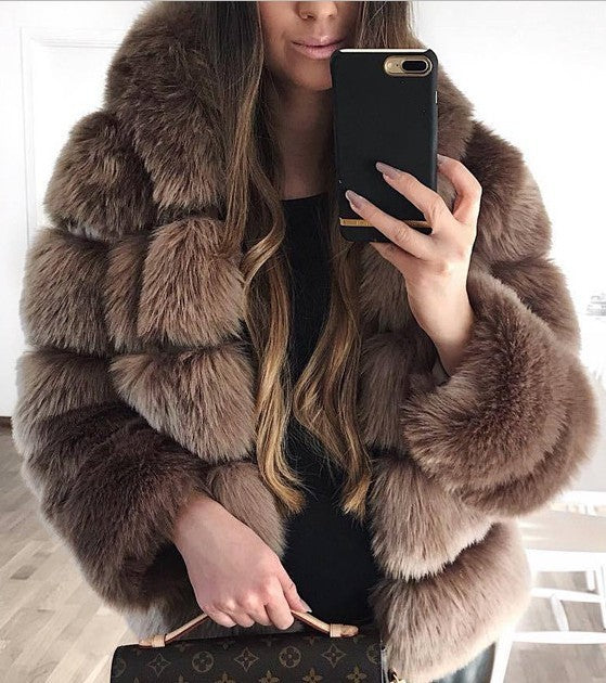 Oversized Ribbed Solid Color Faux Fur Women's Hoodie Jacket to 4X Plus Size