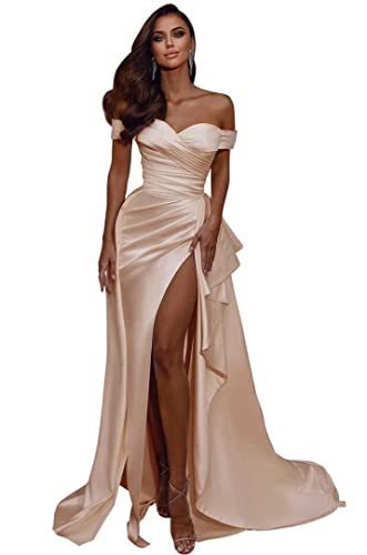 Oversized Ruched Ruffled Off-the-Shoulder High Slit Floor-Length Evening Gown Maxi Formal Party Dress to 20W Plus Size