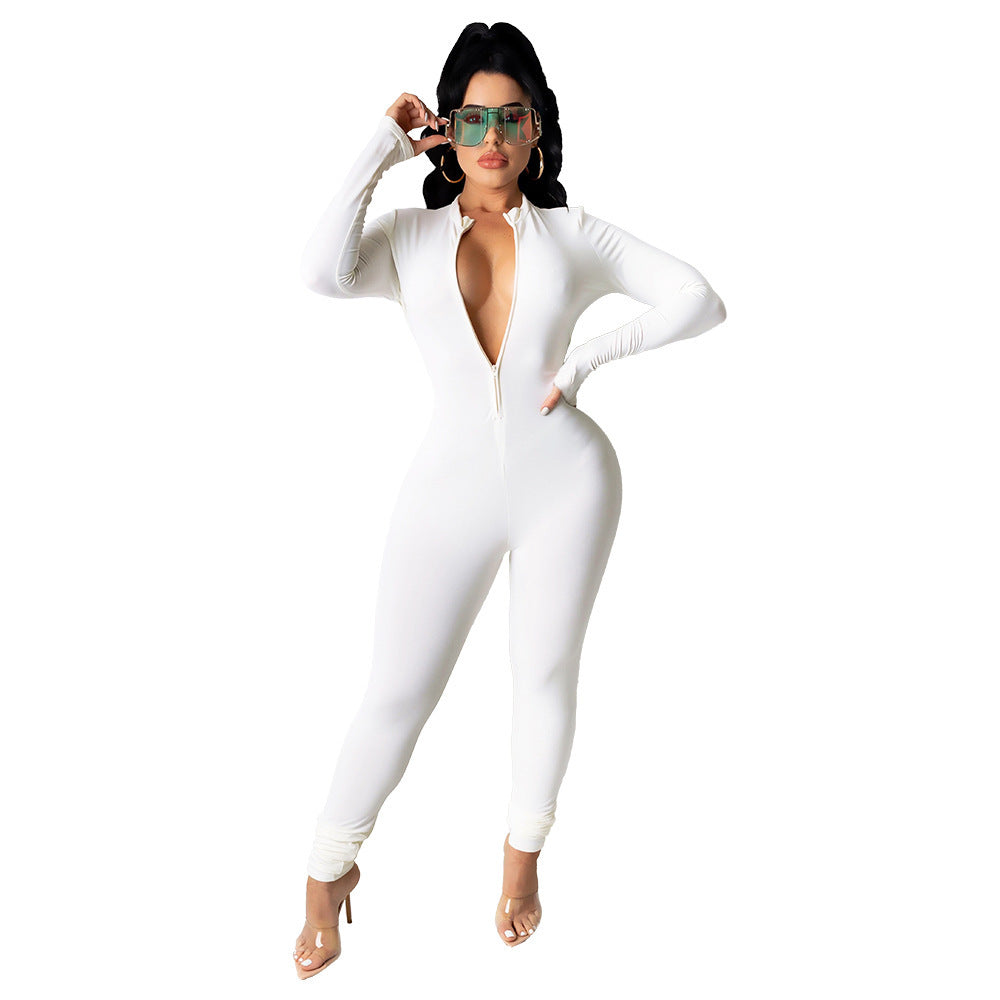 Fitness Workout Deep V-Neck Women's Long Sleeve Bodycon Solid Color Skin Tight Jumpsuit