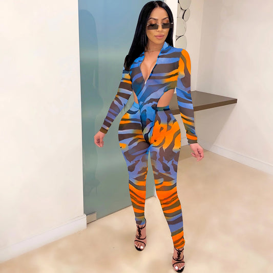 Mesh Sheer Transparent Geometric V-Neck Tropical/Graffiti Print Long Sleeve Crop Top + Skin Tight Leggings Women's 2-Piece Set