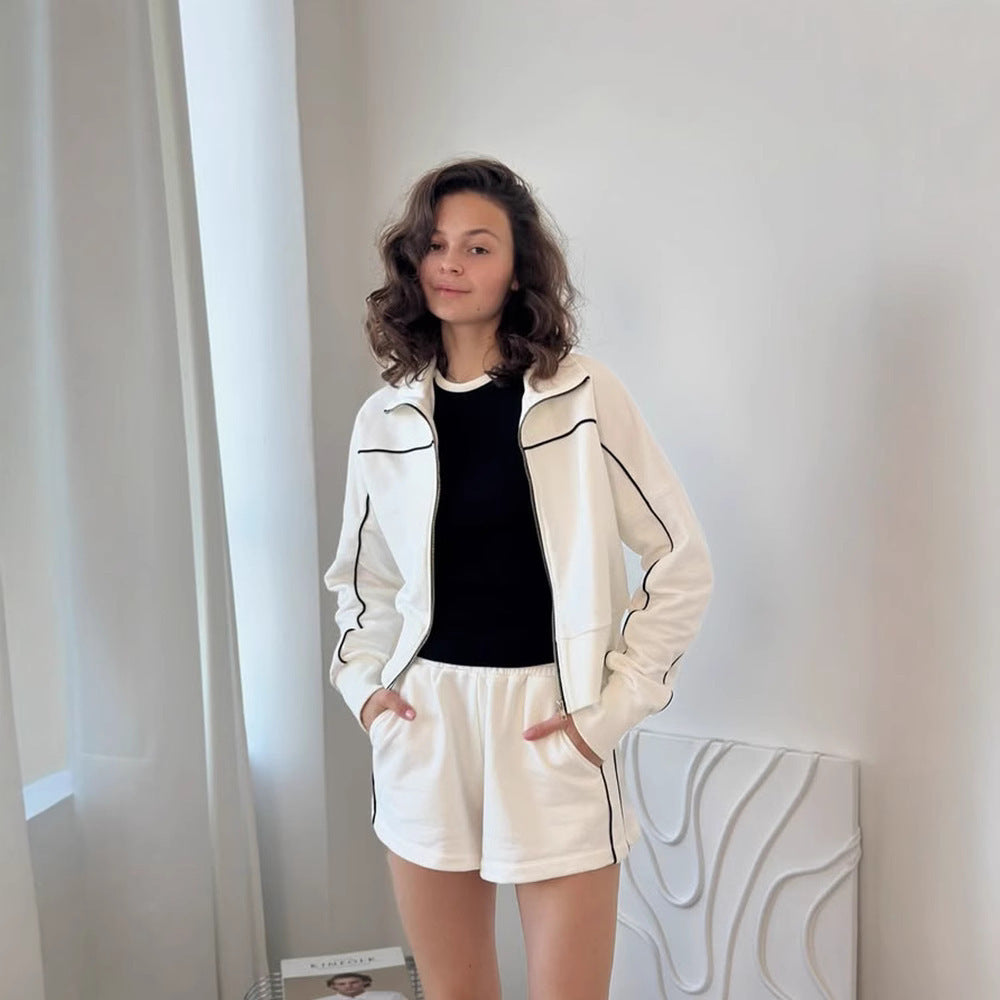 Striped Women's Zipper Sport Jacket + Elastic Shorts Two-Piece Set
