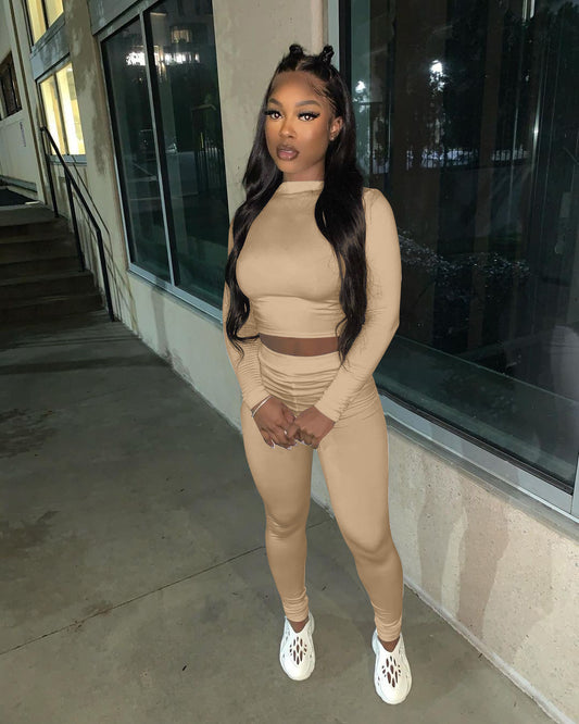 Long Sleeve Solid Color Women's Crop Top + Ruched Skin Tight Leggings 2-Piece Fitness Tracksuit