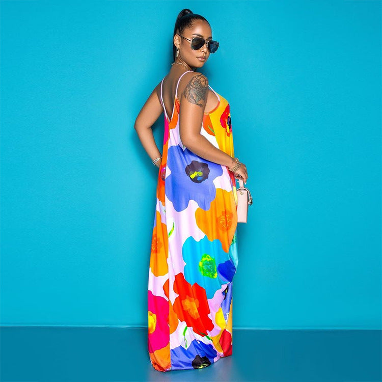 Pastel Big Flower Print Pocketed Loose Spaghetti Strap Harem Maxi Dress