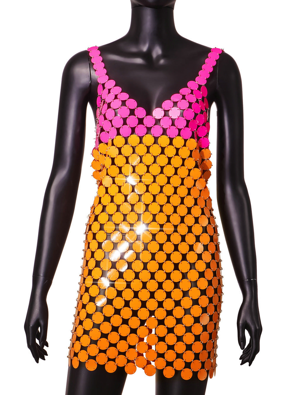 Colorblock Hot Pink/Orange Shiny Sequin Mini Formal Party Sling Dress