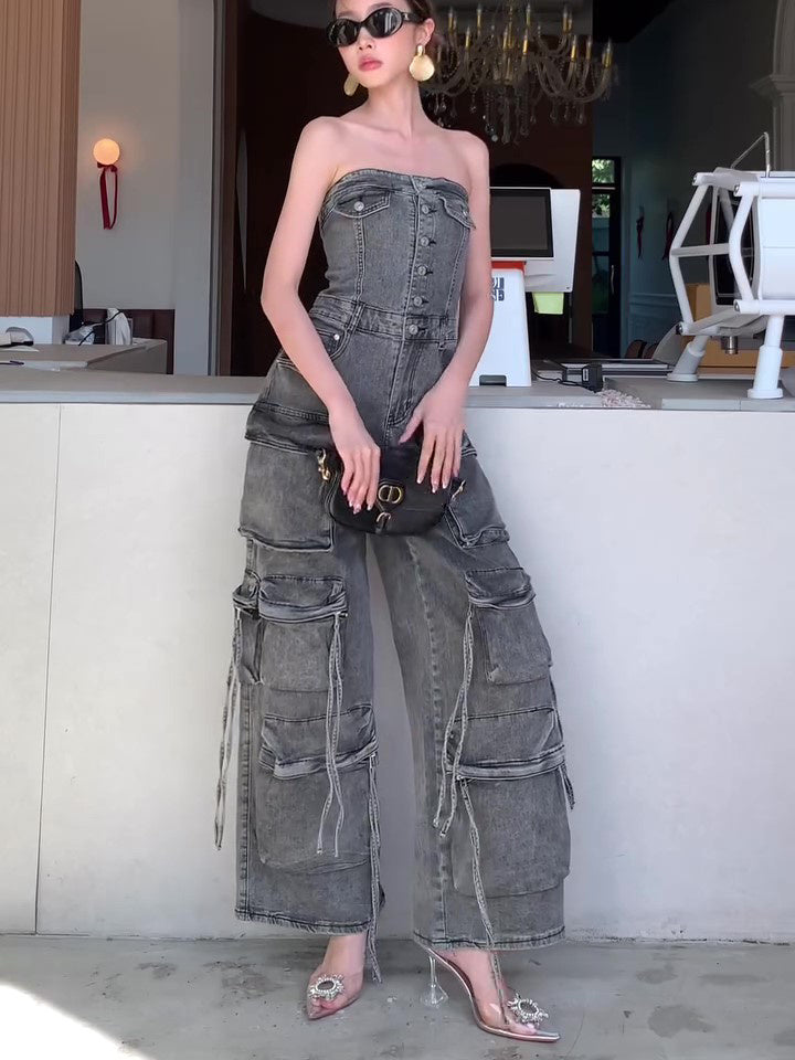 Denim Black Washed Multi-Pocketed Tube Top Sleeveless Women's Cargo Jeans Jumpsuit