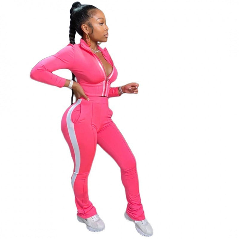 Skinny Side Striped Women's Zipper Sports Jacket + Skinny Sweatpants Tracksuit