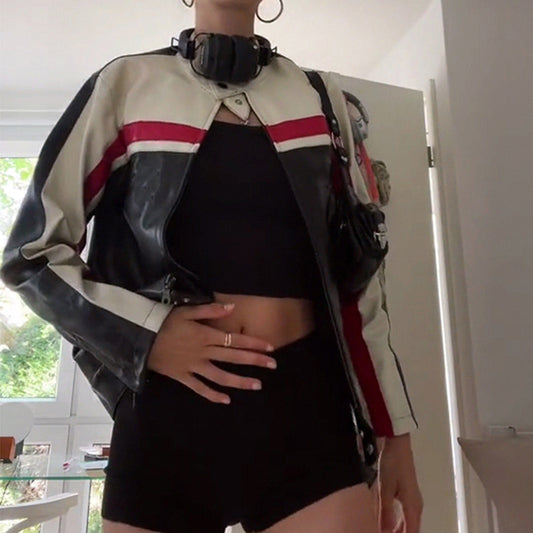 PU Leather Colorblock Striped Women's Patchwork Motorcycle Biker Jacket