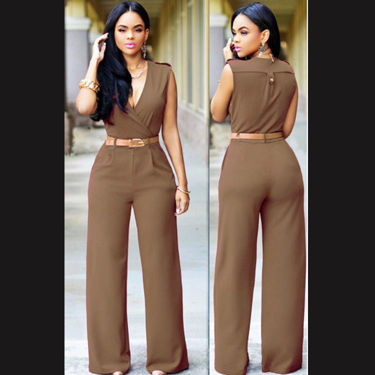 Ruched Sleeveless Deep V-Neck Solid Color Women's Jumpsuit