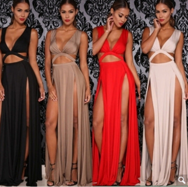 Double High Side Slit Cami Design Sleeveless Hollow-Out Deep V-Neck Solid Color Maxi Dress