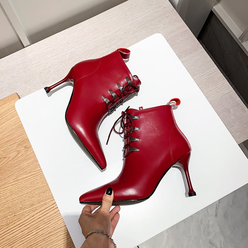 Leather Solid Color High Heel Lace-Up Women's Ankle Boots