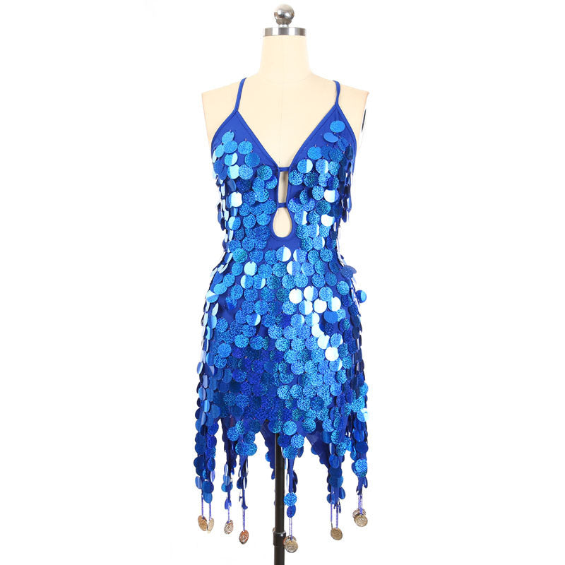 Sleeveless Metallic Sequin Hanging Tassel Design Spaghetti Strap Latin Salsa Dancer Formal Mini Dress