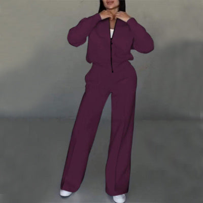 Women's O-Neck Solid Color Zipper Jacket + Wide Leg Pants Tracksuit