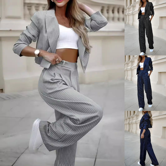 Pinstriped Long Sleeve Cropped Women's Blazer Jacket + Straight Pants Suit