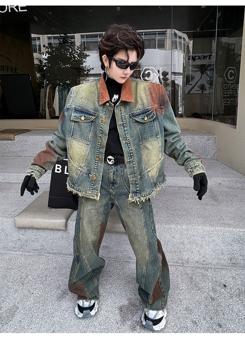 Men's Faded Denim Colorblock Jean Jacket + Wide Leg Loose Jeans Set