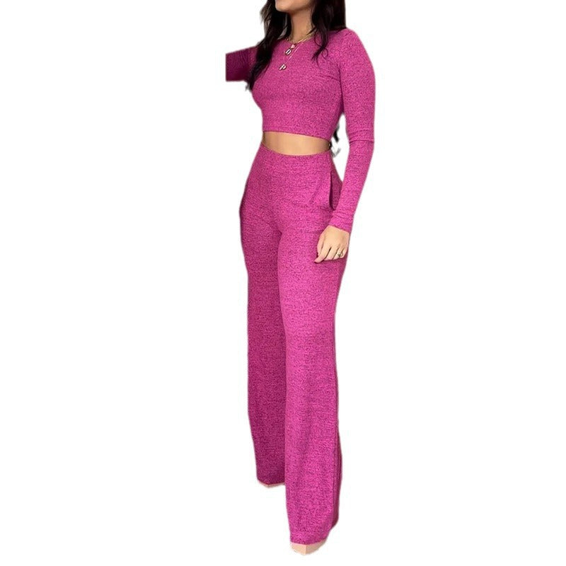 Fuschia Long Sleeve Crop Top + Pants Women's 2-Piece Set