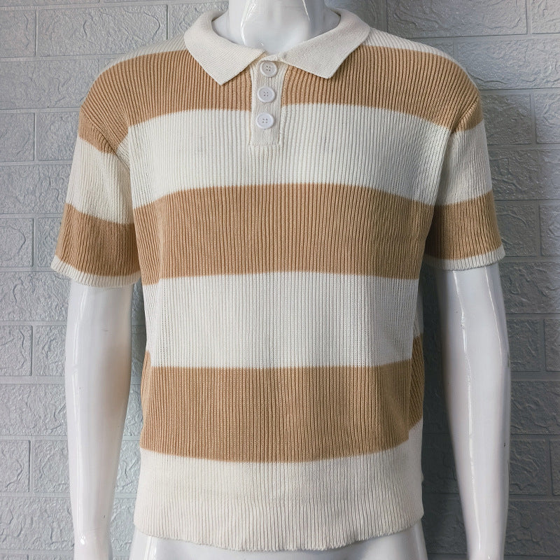 Men's Ribbed Knitted Striped Short Sleeve Turn-Down Collar Sweater Polo Shirt
