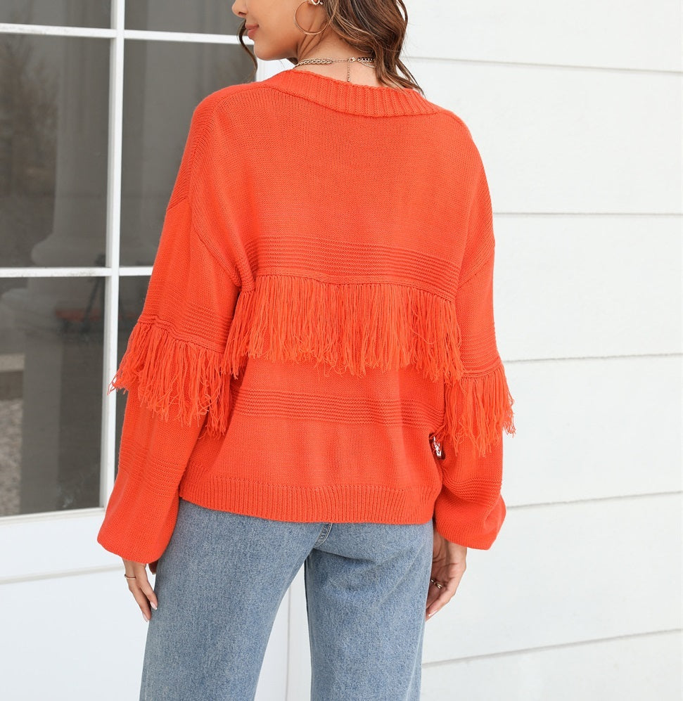 Tassel Fringe Design Women's Short Knitted Western Rodeo Cardigan Sweater