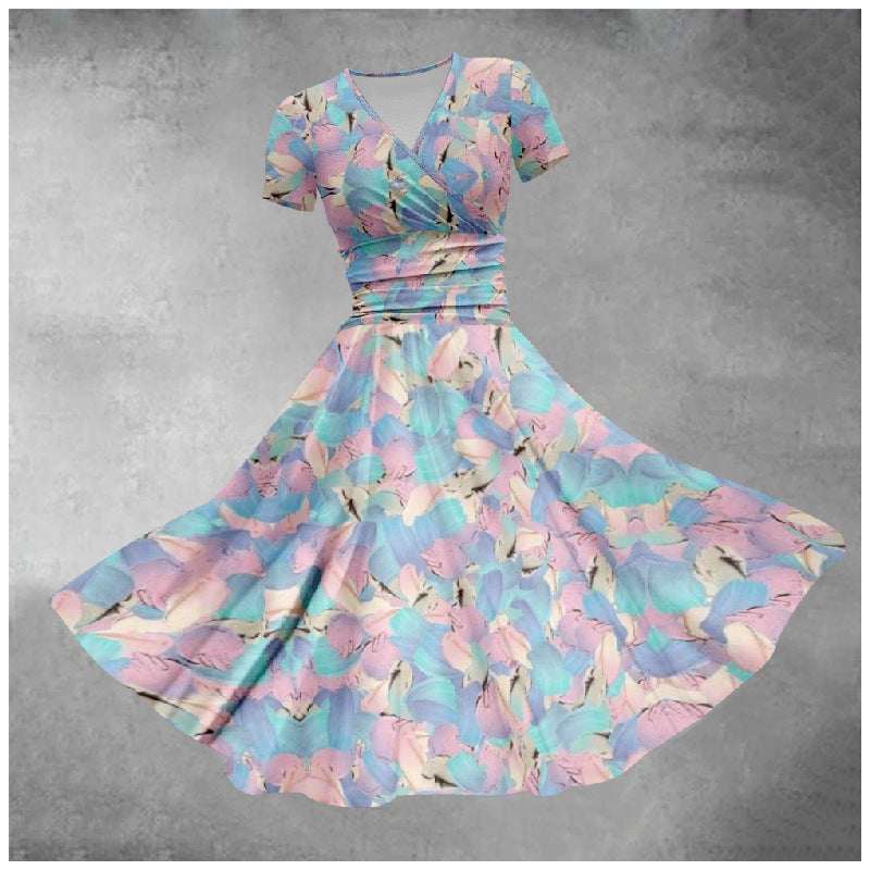 Pastel Rainbow Striped Colorblock/Flower Print V-Neck Short Sleeve Midi Big Swing Dress to 5X Plus Size