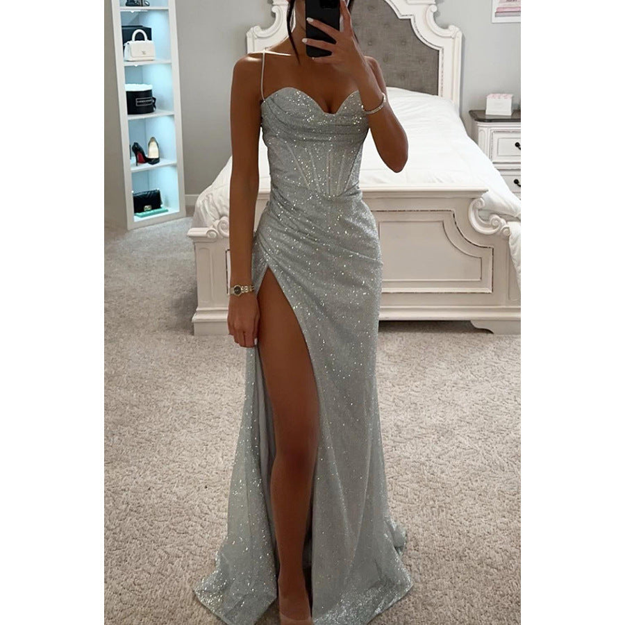 Sleeveless Sparkling Glitter Spaghetti Strap Design Evening Party/Prom Formal Dress